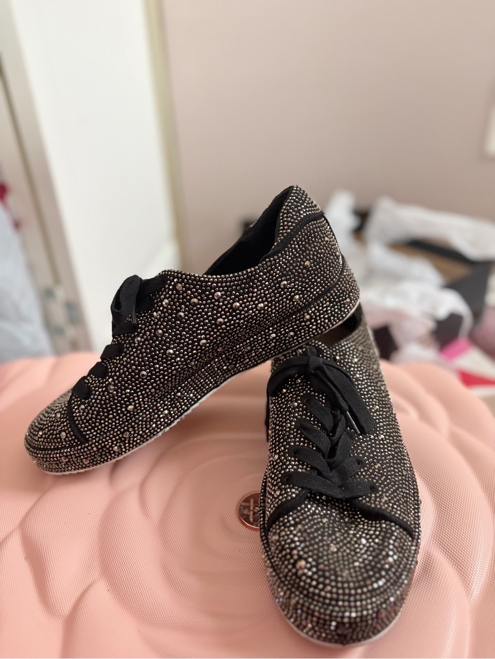 INC International Concepts Black Crystal-Studded Lace-Up Sneakers
